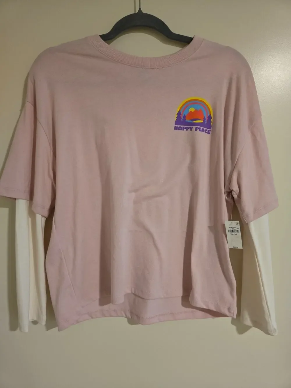Happy Place Graphic Print Long Sleeve Crew Neck Tee Pink/White XLarge Old Navy